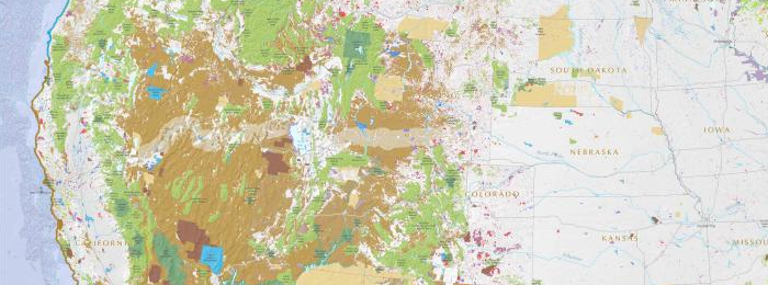 map of protected lands symbolized by land owner in the Western United States