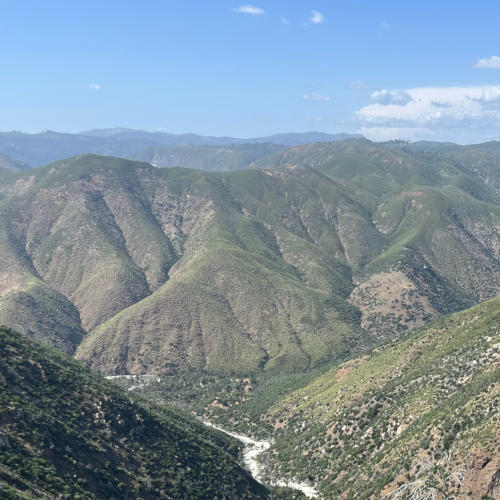 California foothills covered in green vegetation with a river meandering through them