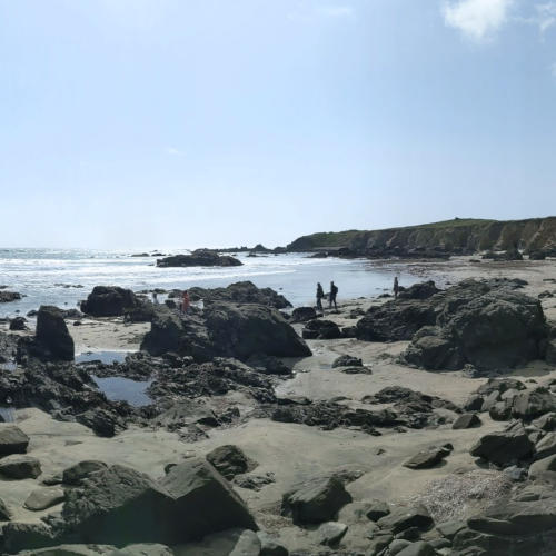 two people at a distance walking on a sandy Pacific Ocean beach with large boulders