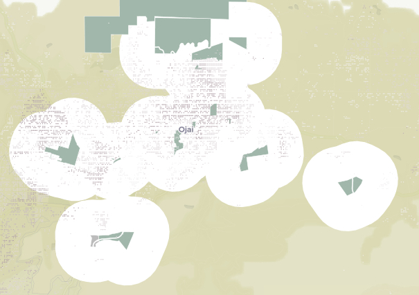 Map of Ojai showing buffers around parks created with geoprocessing