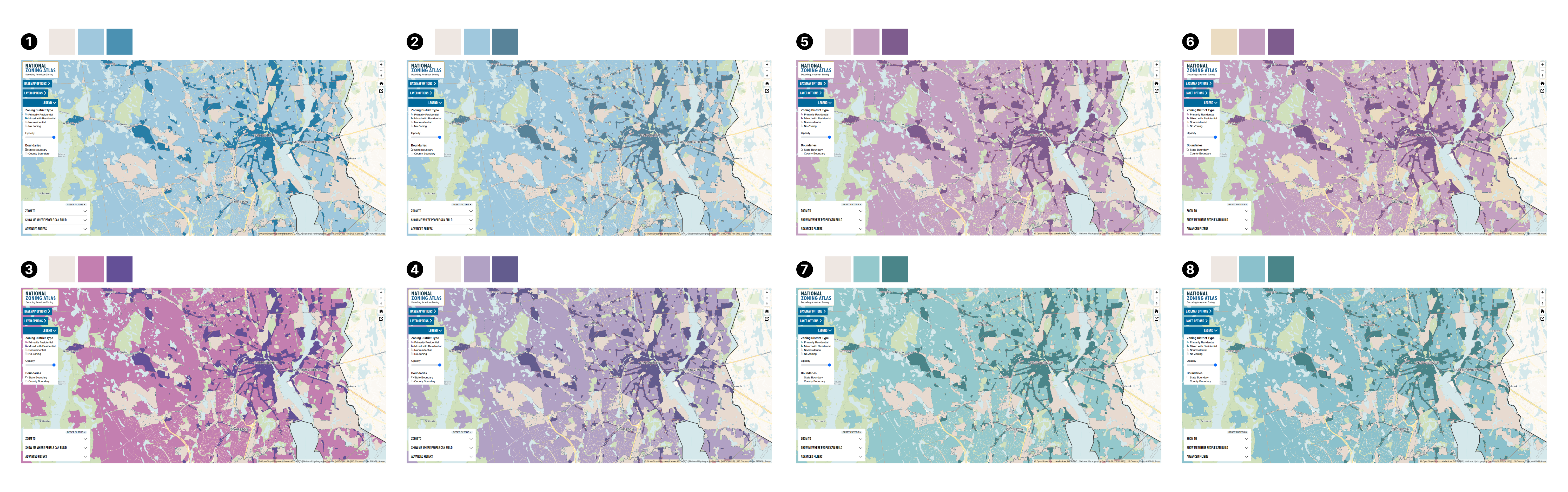 Variations of colors in mockups of a web mapping application, created in Figma