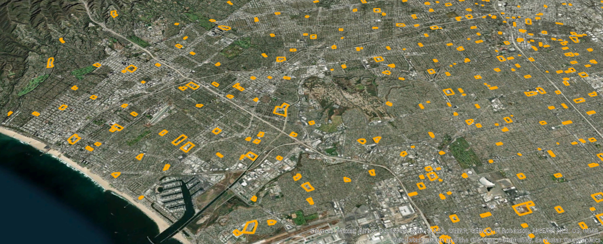 School campus boundaries over aerial imagery in a section of Los Angeles County