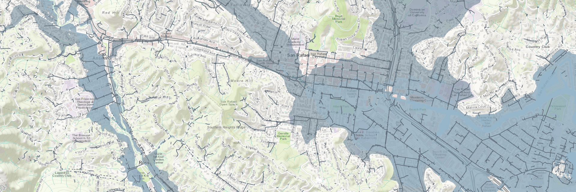 Map of potential flooding and storm drain pipes in San Rafael, CA