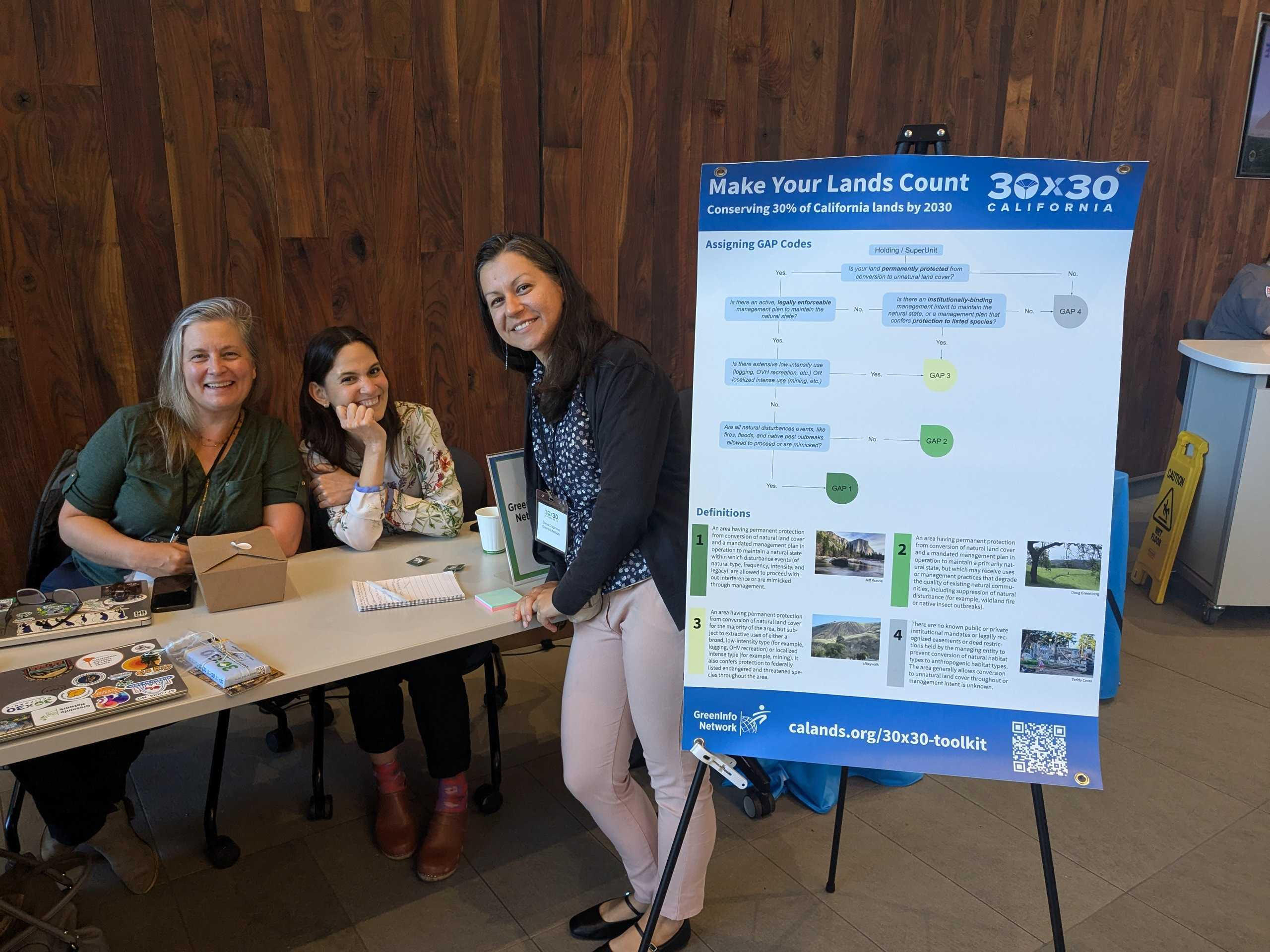 Three GreenInfo staff at an event table, next to a poster showing how 30x30 classifies lands.