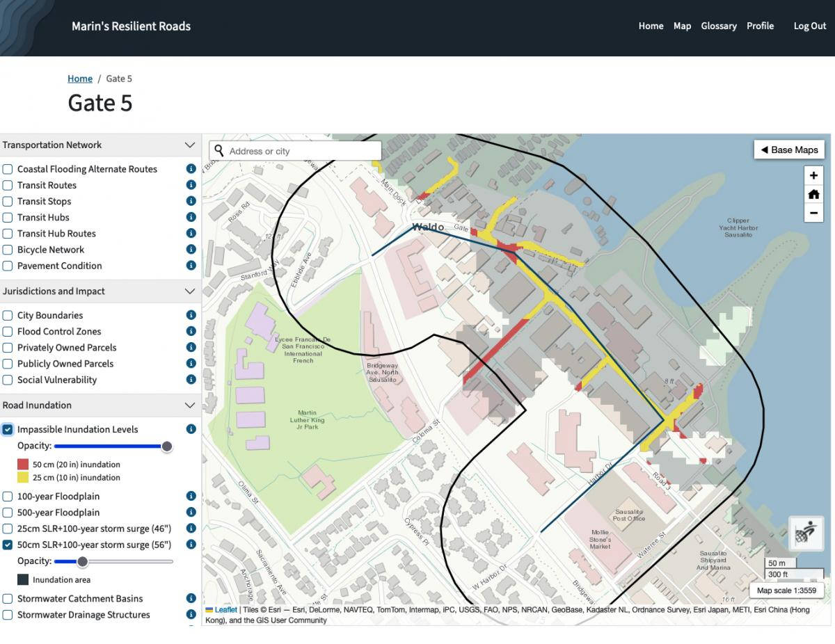 A map with a hand-draw area by the docks, and sea level rise plotted over top of the affected area.