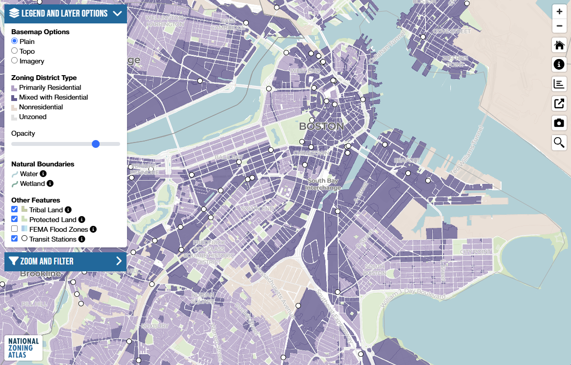 Zoning atlas map interface focused on Boston, Massachusetts