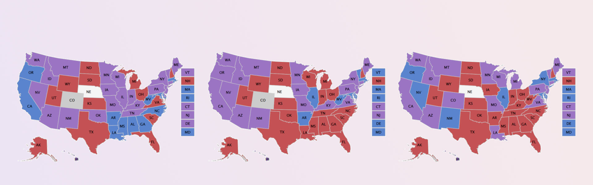 Three maps of the United States showing states in red, blue, and purple.