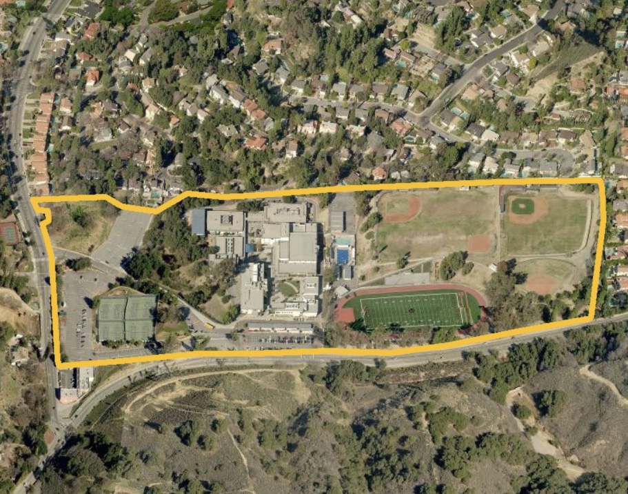 The campus boundary of Calabasas High School adainst a satellite image of the area.