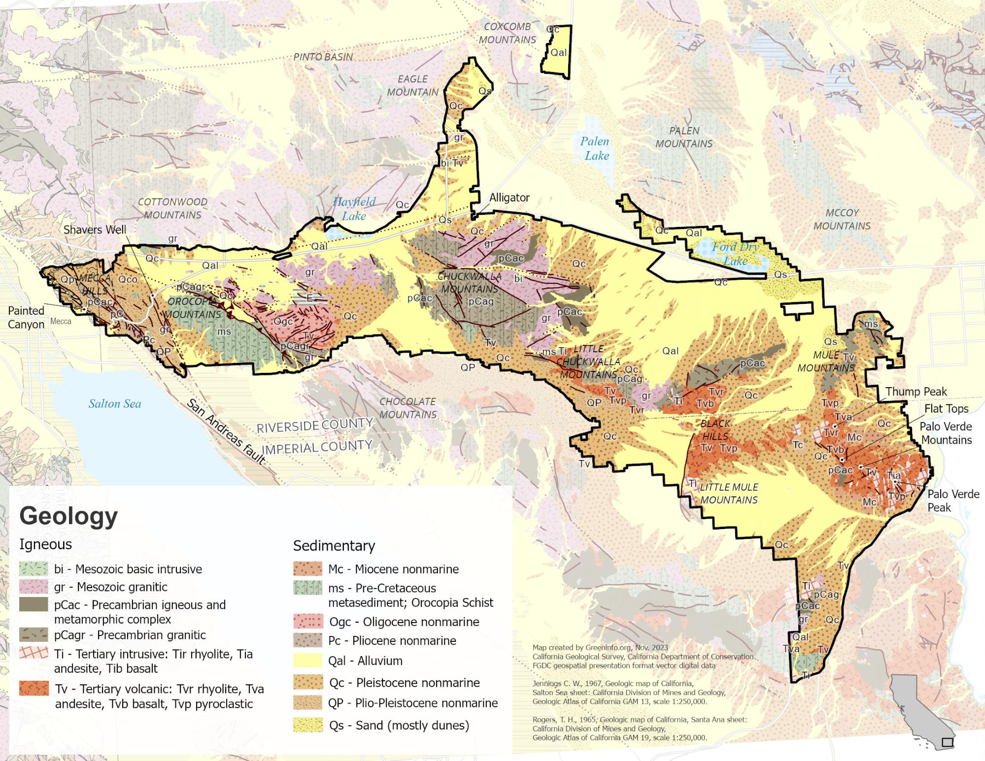 Geologic map of Chuckwalla National Monument, showing many faults and rock types.