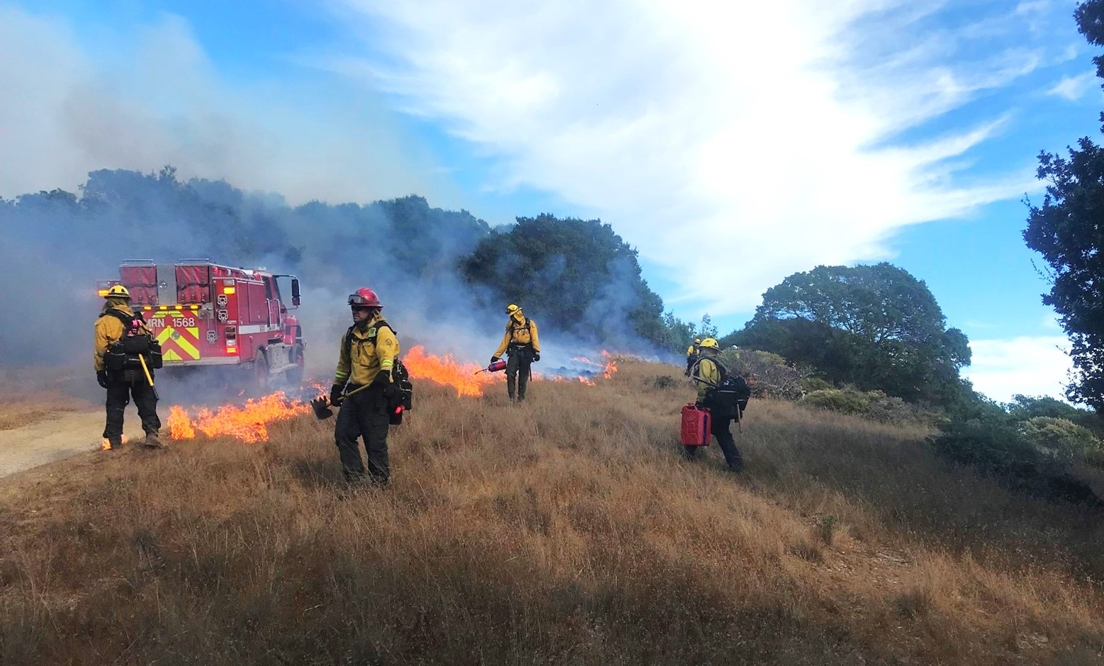 Firefighters managing a small fire in dry grass