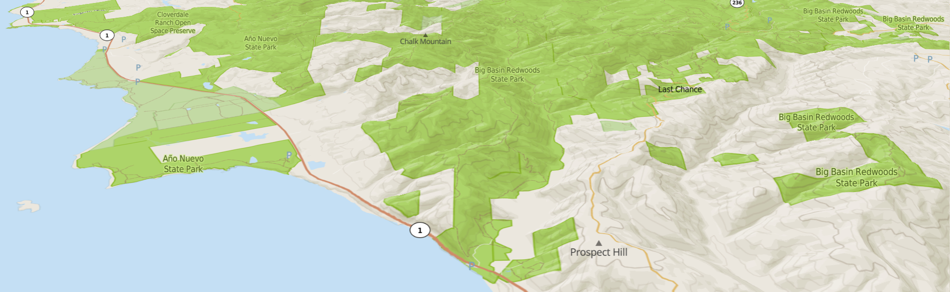 Map of the California coast showing Highway 1 running along the ocean through large areas of parkland.
