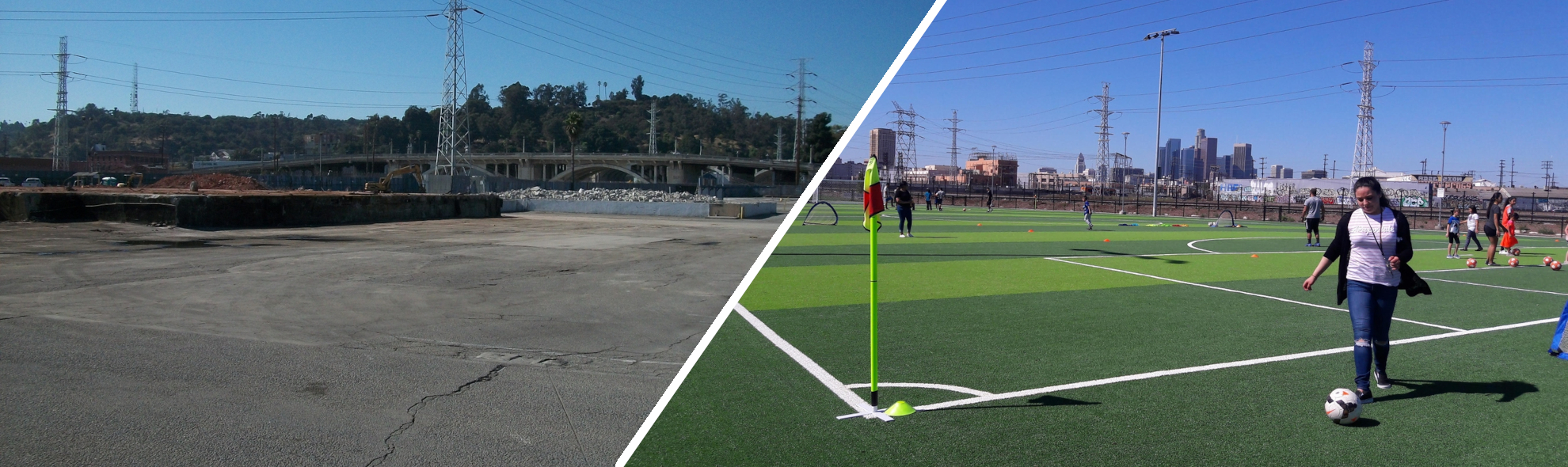A split image of before and after of a new park. Concrete was transformed to a soccer field.