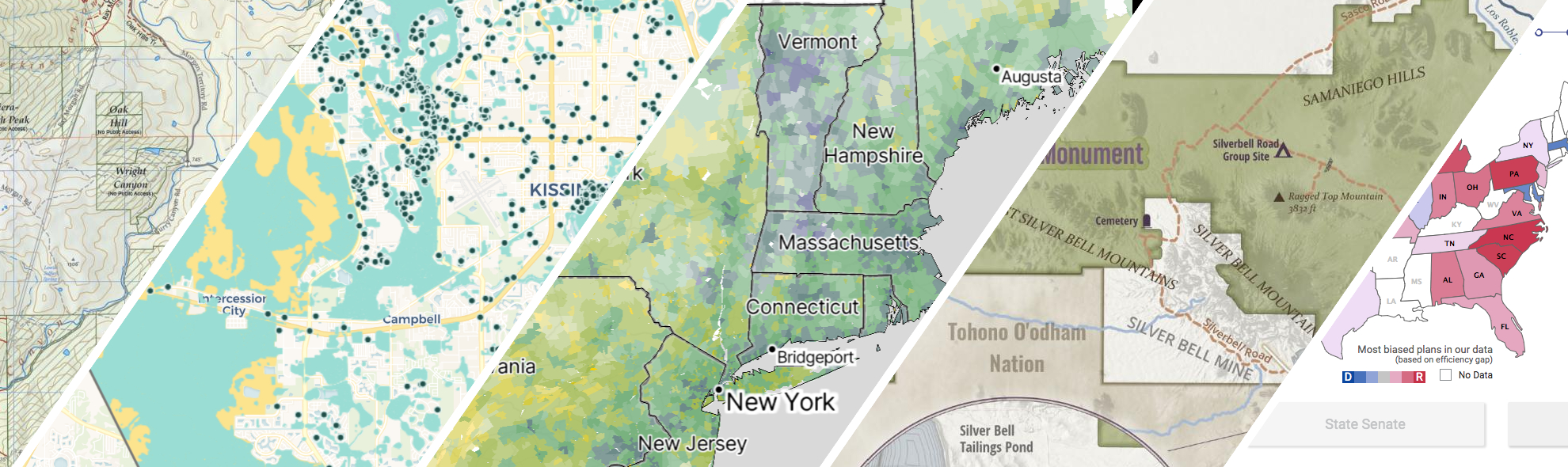 Cutout segments of various maps illustrating a variety of styles