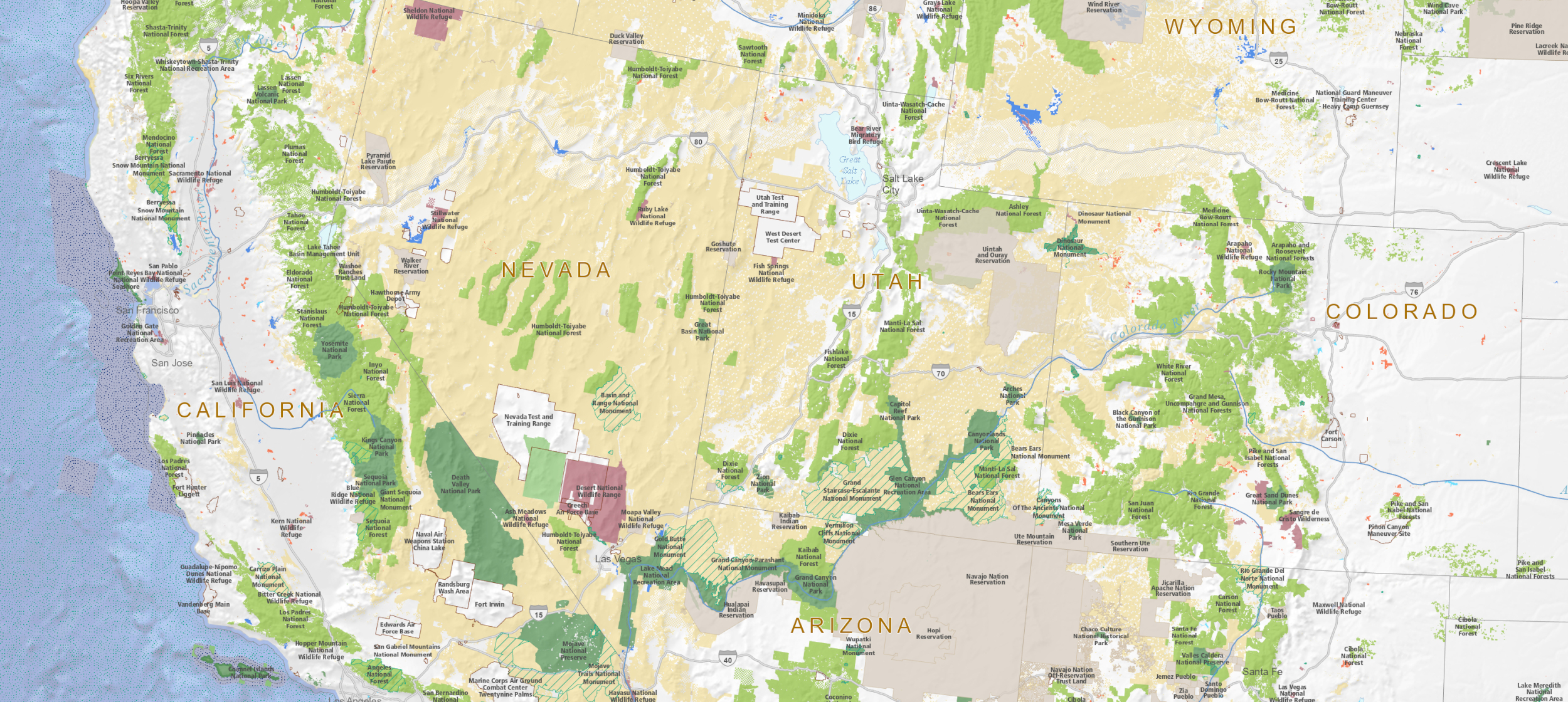 Map showing lands covered by Protected Areas Database of the US (PADUS)