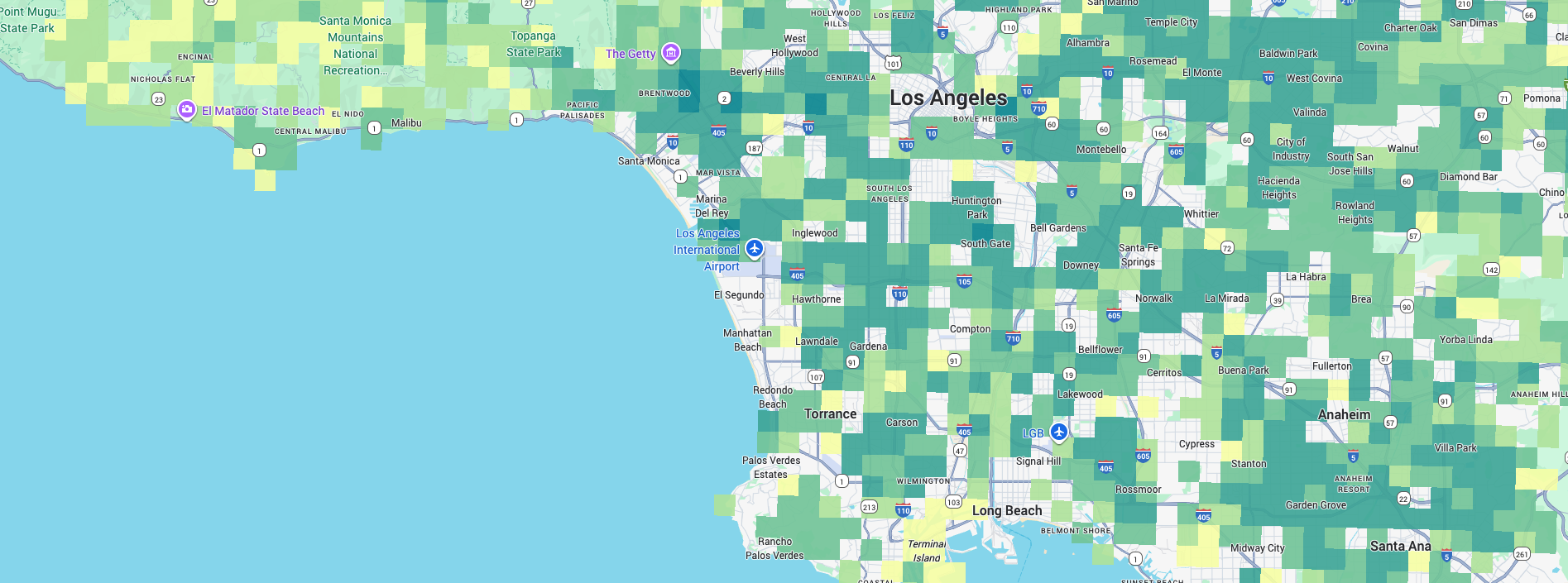 Map of greater Los Angeles area with one-square-mile grid cells covering most of the area