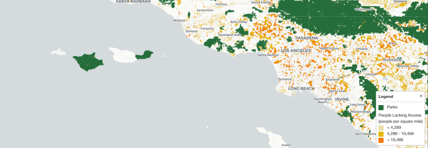 Map of Los Angeles area with parks and people lacking access layers