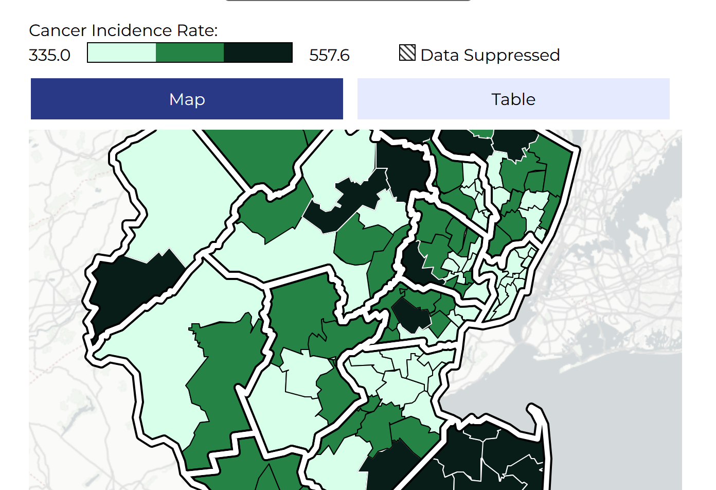 Opening view of the redesigned New Jersey Cancer Atlas.